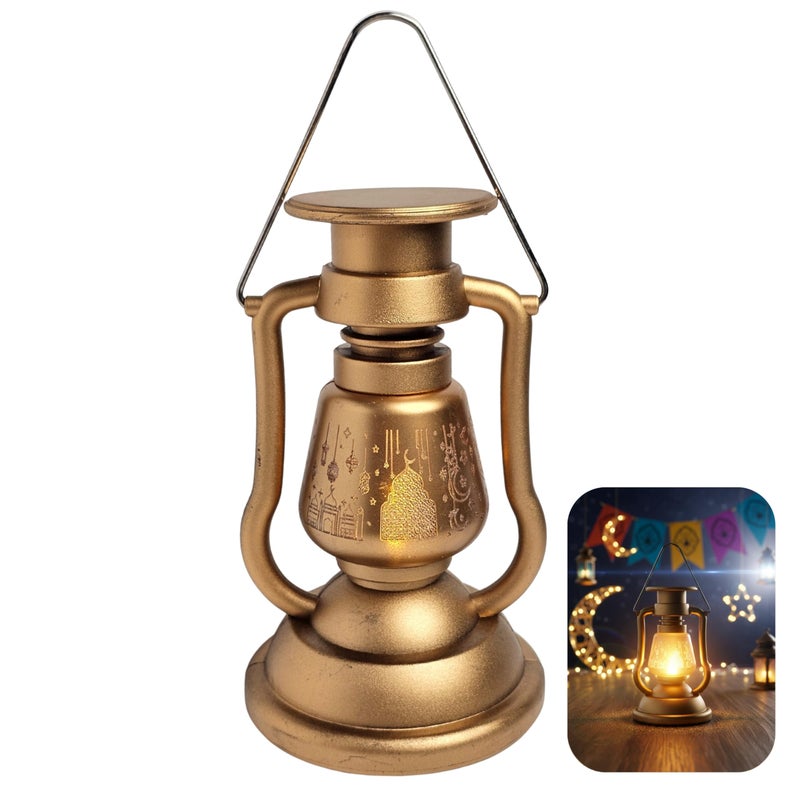 SOBHYS Heritage Glowing Ramadan Fanoos, 24.5cm LED Lantern with Flickering Candle Effect, Islamic Art Hanging Decor, Metallic Finish, Battery Powered (1, GOLD) - Image 1